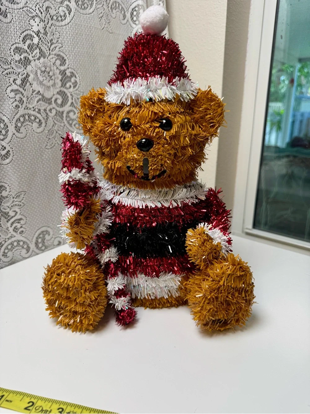 Large Tinsel Bear Holiday Figurine - Brown & Red